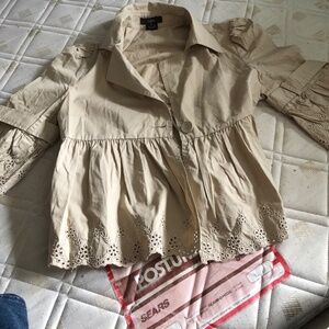 Luii size medium jacket , beige with eyelet accents, one button, bell sleeves